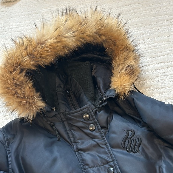 Roca Wear Womens Black Down Puffer Trench Coat down-fill Lined fur Hood Size XS - Picture 4 of 10